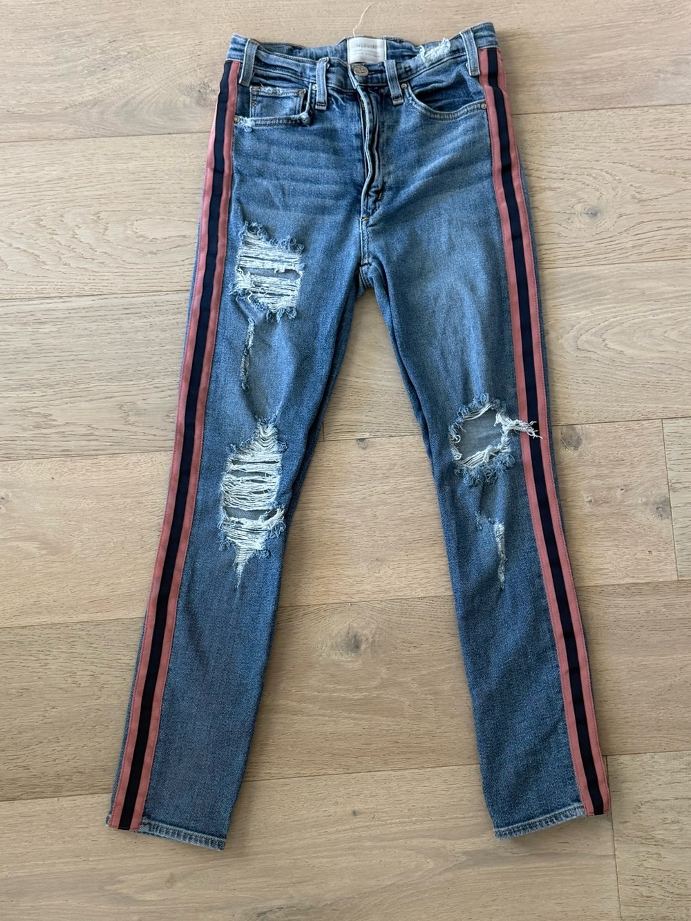 Mequire Distressed Skinny Jeans Side Stripe Denim Size 25